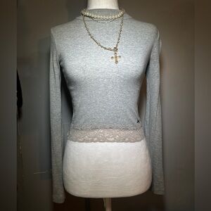 Hollister Light Gray Lace Hem Long Sleeve Top